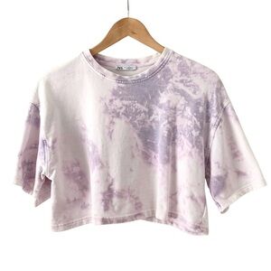 Zara Cropped Tie-Dye Sweatshirt Top S Pink Purple White Crewneck Boxy